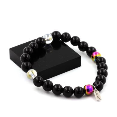 Black Agate + Titanium Quartz + Multicolor Hematite Bracelet 8 mm Beads.