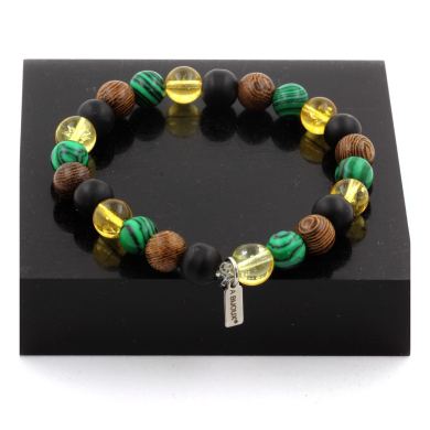 Citrine + Malachite + Matte Black Onyx + Wood Bracelet 8 mm Beads.