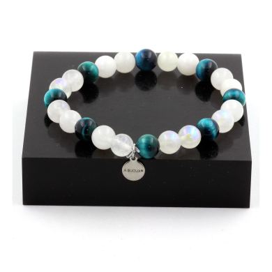 Moonstone + Light Blue Tiger's Eye Bracelet 8 mm Beads.