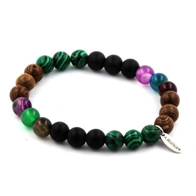 Multicolor Banded Agate + Malachite + Matte Black Onyx + Wood Bracelet 8 mm Beads.