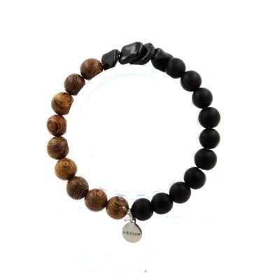 Schorl Tourmaline from Brazil + Matte black Onyx + wood Bracelet 8 mm Beads.