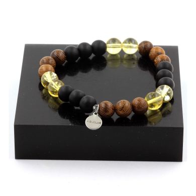 Citrine + Matte Black Onyx + Wood Bracelet 8 mm Beads.