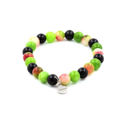 Watermelon Tourmaline + Black Agate + Peridot Bracelet 8 mm Beads.