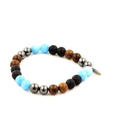 Hematite + Blue Chalcedony + Matte Black Onyx + Wood Beads Bracelet 8 mm.