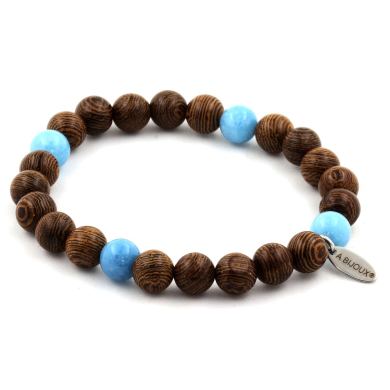 Blue chalcedony + wood Bracelet 8 mm.