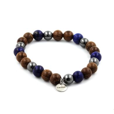 Lapis Lazuli + Hematite + wood Bracelet 8 mm Beads.