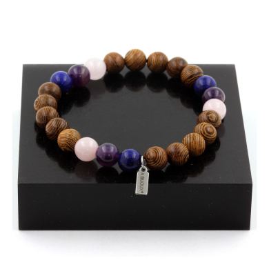 Rose Quartz + Lapis Lazuli + Amethyst + Wood Bracelet 8 mm Beads.