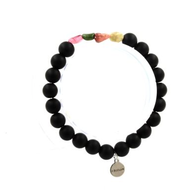 Multicolor Tourmaline from Brazil + Matte black Onyx Bracelet 8 mm Beads.