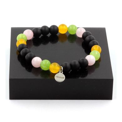 Pink Quartz + Yellow Agate + Peridot + Matte Black Onyx Bracelet 8 mm Beads.