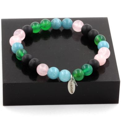 Pink Quartz + Matte Black Onyx + Aquamarine + Green Agate Bracelet 8 mm Beads.