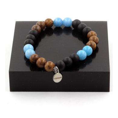 Blue Chalcedony + Matte Black Onyx + Wood Bracelet 8 mm Beads.