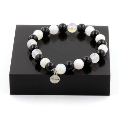 Moonstone + Black Agate Bracelet 8 mm Beads.