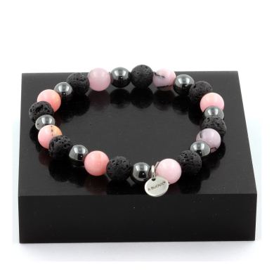 Pink Opal + Hematite + Lava Bracelet 8 mm Beads.