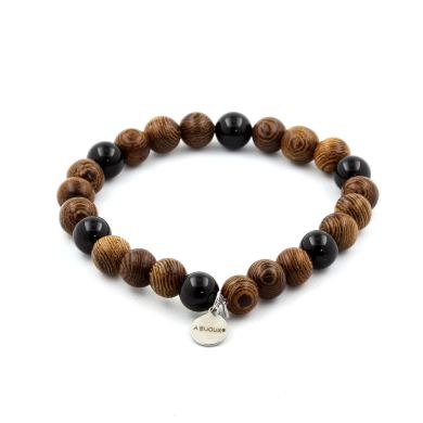 Schorl Tourmaline from Brazil + wood Bracelet 8 mm Beads.