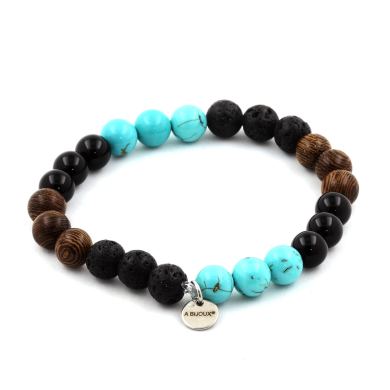 Turquoise + Lava + Black Agate + Wood Bracelet 8 mm Beads.